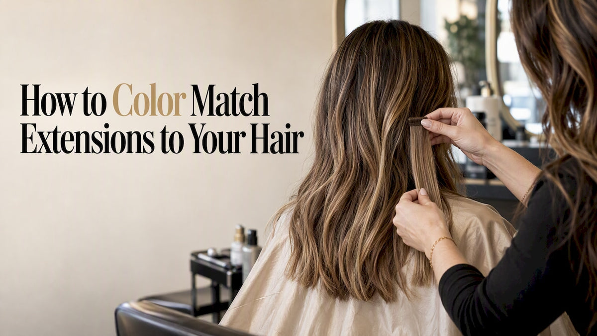 Stylist compares an extension swatch with hair